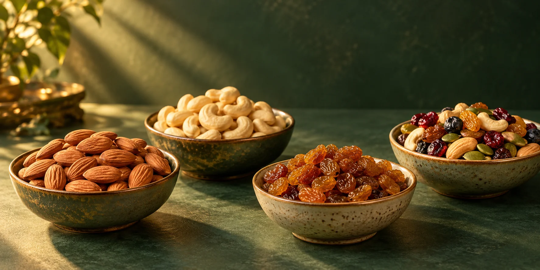 Bowls of almonds, cashews, raisins and a nut, seed and berry mix
